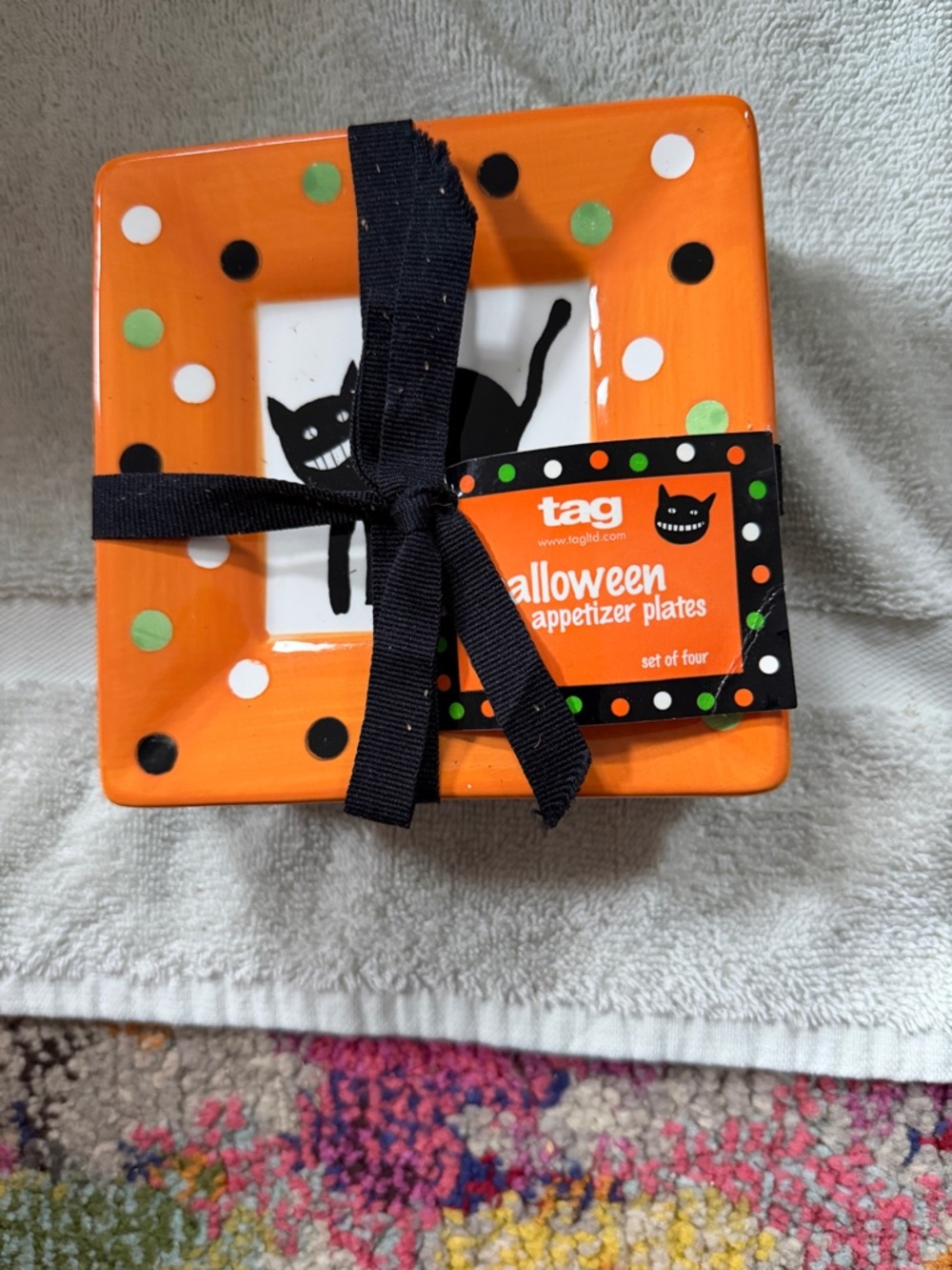 Tag Orange Polka Dot Halloween Appetizer Plate with Black Cat